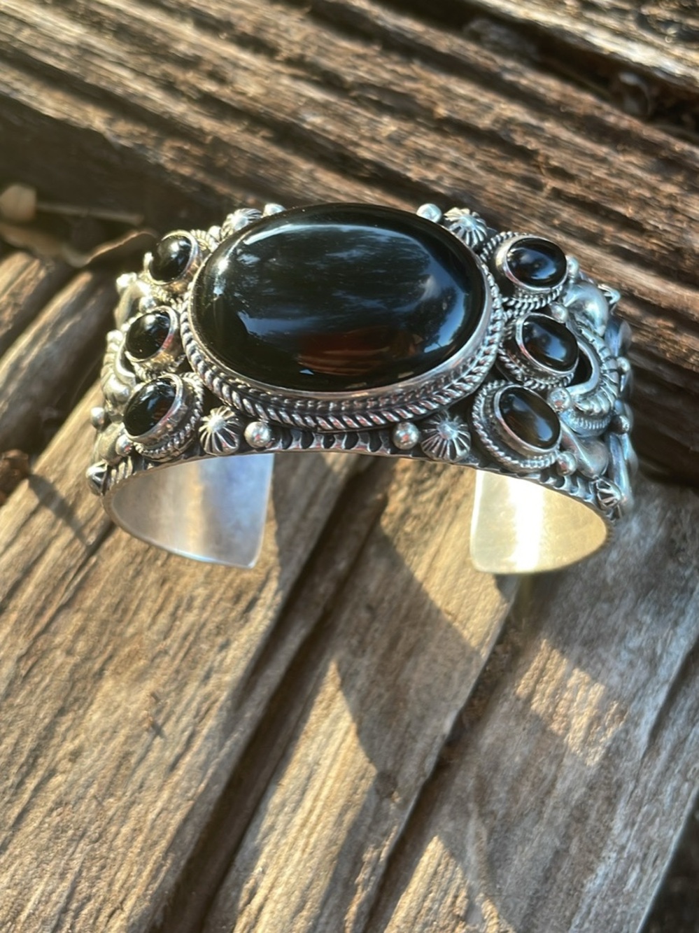 D. Becenti Handcrafted Black Onyx Sterling-Style Cuff Bracelet - Picture 3 of 5